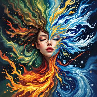 The primary subject of the image is a woman with long hair, who is the main focus of the scene. She is depicted with a vibrant and colorful appearance, with her hair and face painted in various shades of orange, blue, and yellow. The setting is a night sky, which serves as the backdrop for the woman's image. The visual style of the image is a combination of digital art and illustration, creating a unique and eye-catching representation of the woman. The colors and mood of the